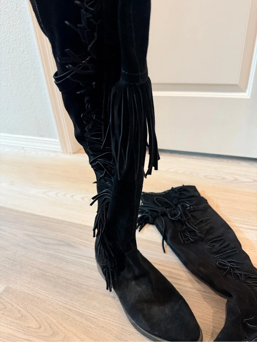 Black Suede Knee high Fringe Boots